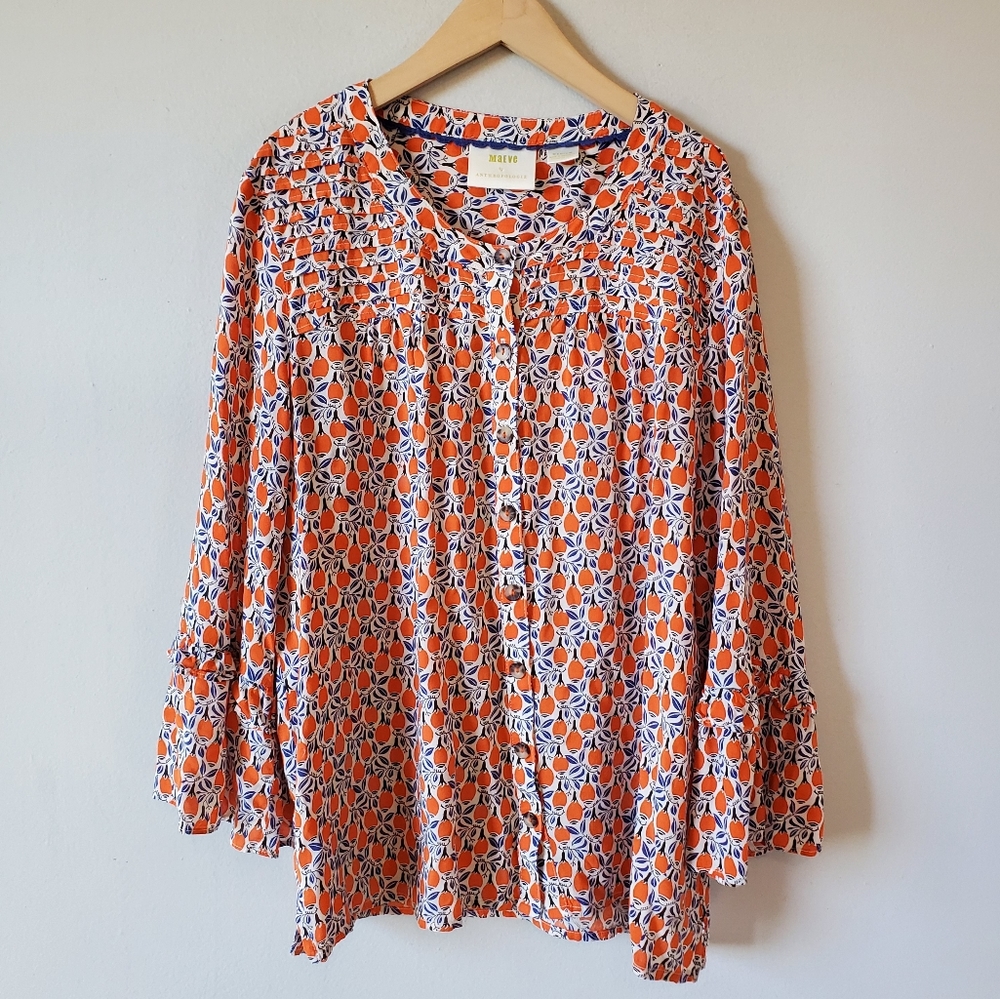 Maeve by Anthropologie Print Button Down Blouse with Bell Ruffled Sleeves
